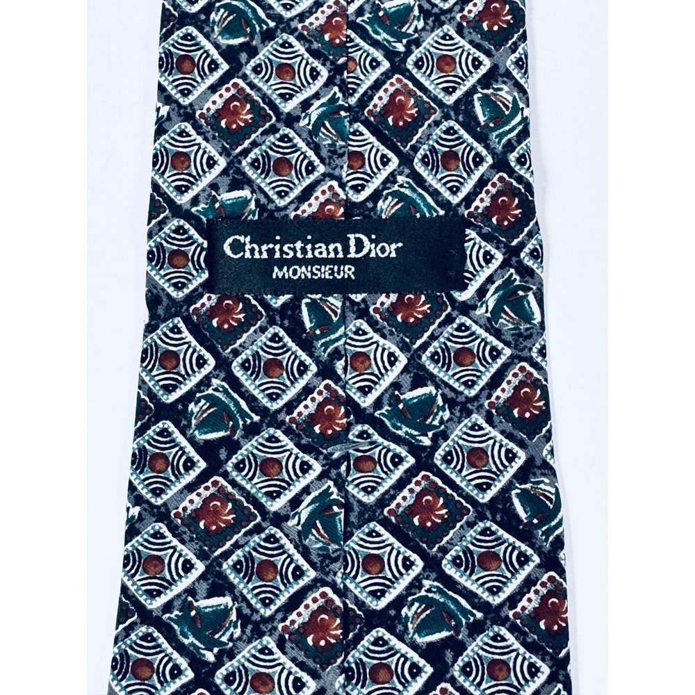 Christian Dior Monsieur Silk Necktie Blue Green Red Geometric Designer Vintage - Picture 5 of 11